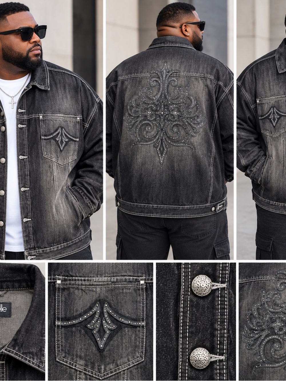 Pelle Pelle 4XL Black Denim Jacket Embellished Y2K Hip Hop Streetwear